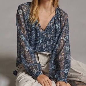 Anthropology Let Me Be Blue Motif Peasant Blouse